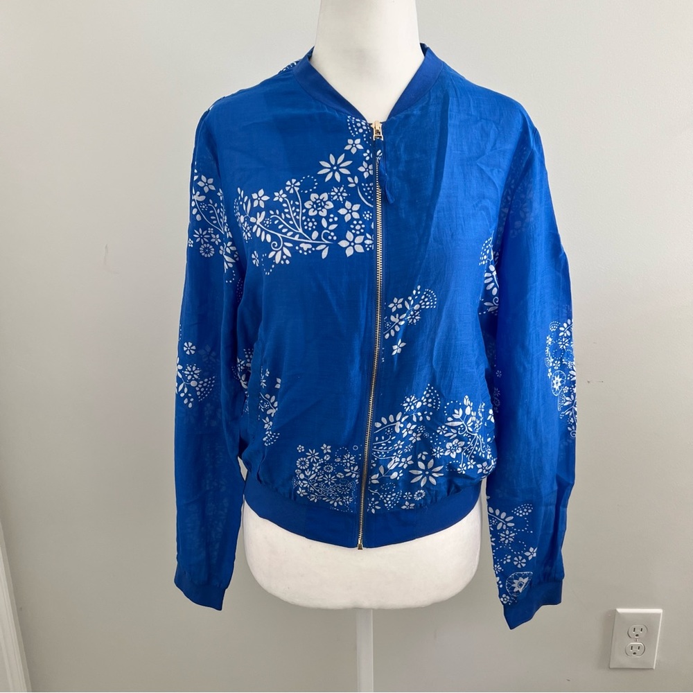 Blue Semi Sheer Bomber Jacket White Printed Floral Design Size Medium
